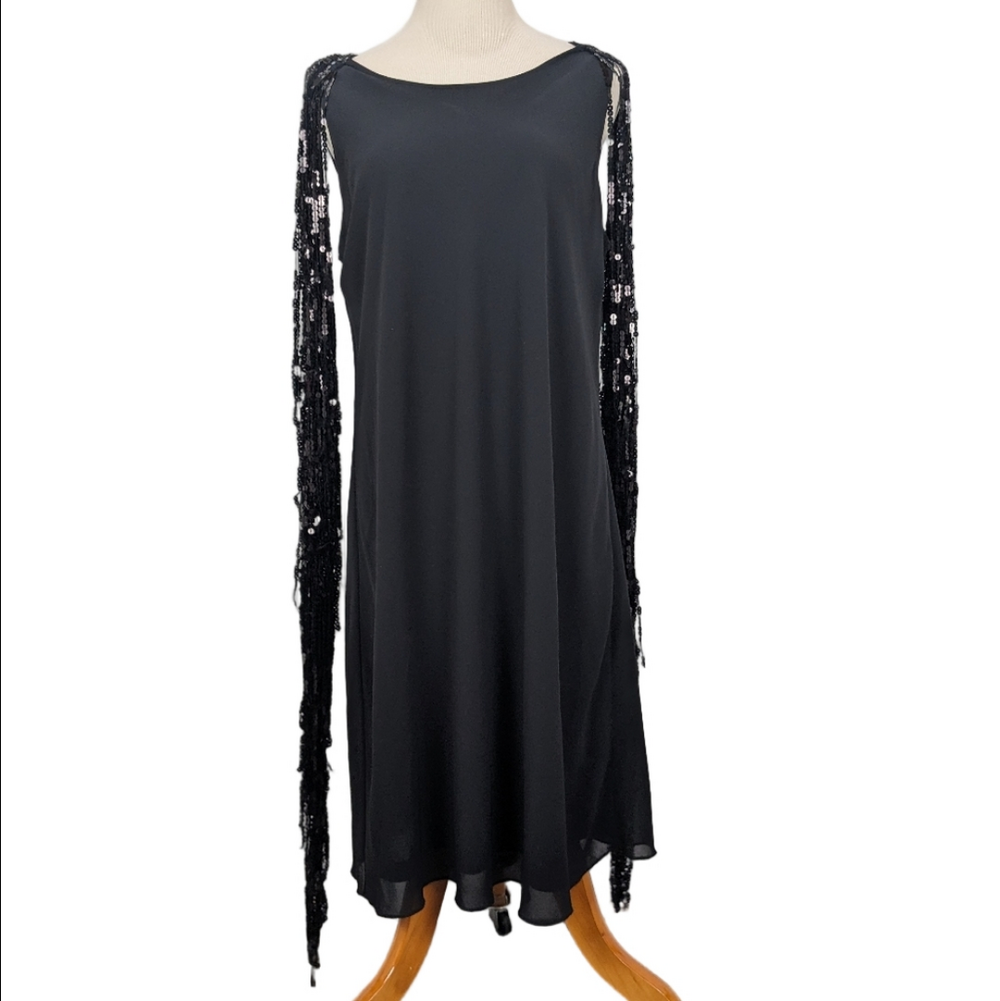 Simon Chang Black Shift Dress Size 12 Sequin Cocktail Festive Holiday